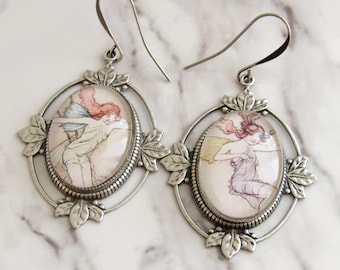 Art Nouveau Faerie Cabochon Earrings // Antiqued Silver, Fairycore