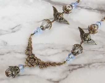 Victorian Cherub Necklace in Quartz Crystal, Blue // Vintage Style Jewelry, Angel