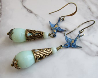 Blue Bird Patina Drop Earrings in Mint // Romantic, Cottagecore Jewelry