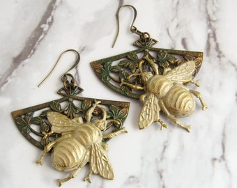 XXL Patina Bee Earrings // Verdigris Brass, Statement Jewelry