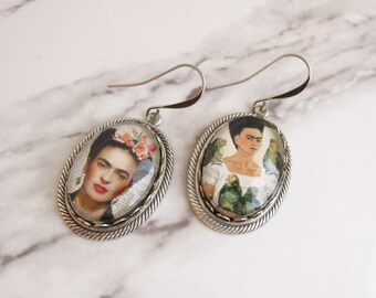 Frida Kahlo Cameo Earrings // Glass Cabochons, Silver Plated Brass