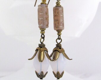 Art Deco Egyptian Revival Earrings in White, Mauve // 1920s Jewelry