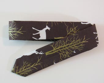 Woodland Deer Skinny Tie in White, Brown, Metallic Gold // Cotton Necktie, Animal