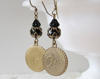 Oui/Non Dangle Earrings in Black, Brass // French, Art Deco
