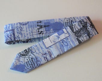 Script Skinny Tie in Blue, Black, White // Cotton Necktie, Paris