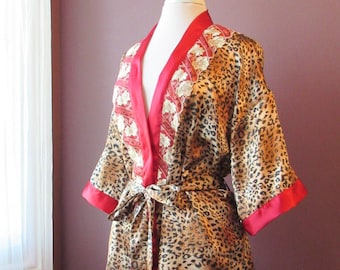 Bettie Page Pin Up Dressing Robe in Leopard Print, Red Satin, Lace // Sexy, Lingerie, Retro