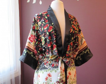 Vintage Floral Lingerie Dressing Robe in Black, White, Red // Satin Robe, Romantic