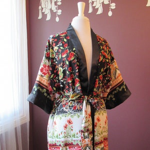 Vintage Floral Lingerie Dressing Robe in Black, White, Red // Satin Robe, Romantic