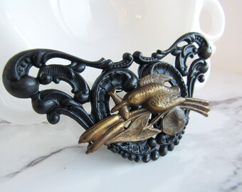 Kingfisher Gothic Brass Brooch // Black & Antiqued Brass, Vintage Jewelry
