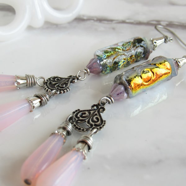Fairy Dust Dangle Earrings in Opal Pink, Iridescent Crystal // Aurora Borealis, Fairycore