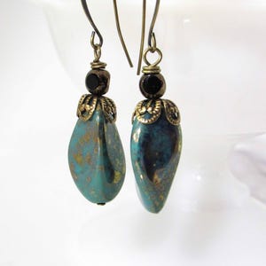 Teal Glass Dangles in Czech Glass, Brass // Modern Jewelry