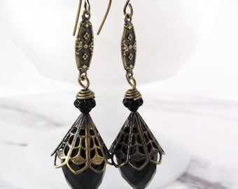 Edwardian Black Plumps // Vintage Style Earrings, Historical Jewelry