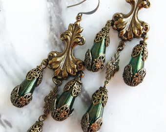 Victorian Opulence Chandeliers in Brass, Emerald Green // Vintage Jewelry