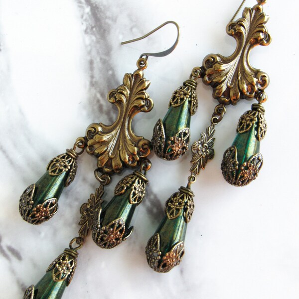 Victorian Opulence Chandeliers in Brass, Emerald Green // Vintage Jewelry