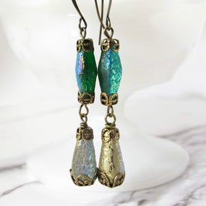 Iridescent Czech Glass Dangles, Brass Earrings // Modern Jewelry