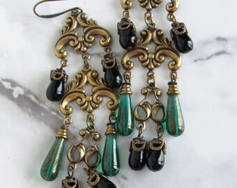 Edwardian Chandeliers in Emerald, Black // Brass & Czech Glass Earrings