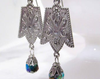 Art Deco Shield Dangles in Silver // Czech Glass, Vintage Style Jewelry