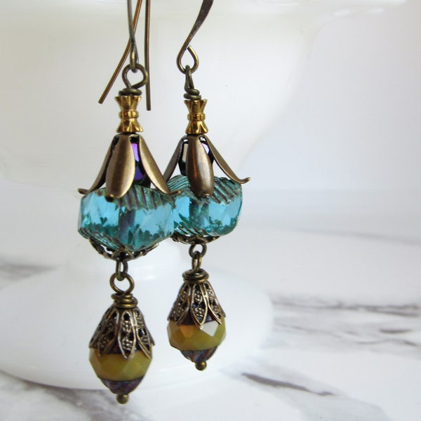 Aqua & Lemon Nouveau Dangles // Vintage Style Jewelry