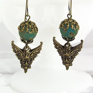 Green Man Earrings in Brass, Czech Glass // Pagan, Witchy Jewelry