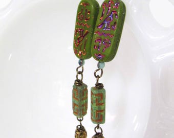 Egyptian Revival Czech Glass Earrings // Hieroglyphics, Vintage Style Jewelry