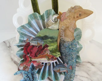 Victorian Mermaid Paper Heirloom Ornament // Kitsch, Pastel Holiday