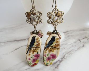 Ceramic Bird Earrings in Brass, Czech Glass // Romantic, Vintage Style Jewelry