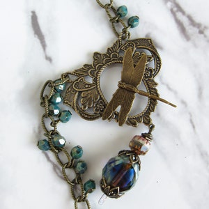 Dragonfly Pendant Necklace in Brass, Glass // Beaded Brass Chain