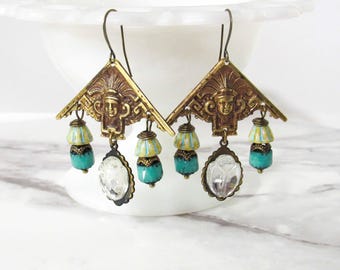 1940s Egyptian Revival Earrings in Brass, Antique Glass // Vintage Style Jewelry