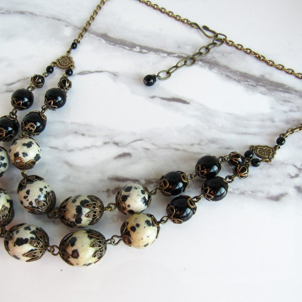 Dalmation Jasper & Czech Glass Graduated Necklace // 1950s Jewelry