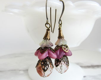 Pink Flower Stacks // Czech Glass Dangle Earrings