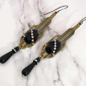1920s Dangles in Black, Brass // Art Deco Earrings, Vintage Jewelry