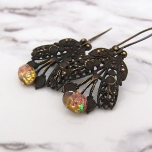 Petite Fire Opal Drops in Brass, Vintage Glass // Art Nouveau Earrings