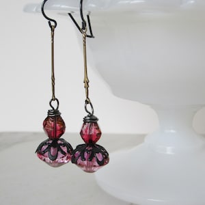 Mixed Metal Gothic Earrings // Pink, Black, Brass Dangles