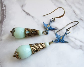 Blue Bird Patina Drop Earrings in Mint // Romantic, Cottagecore Jewelry