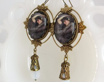 Boreas Glass Cabochon Earrings, Brass // Art Nouveau, Fine Art Jewelry