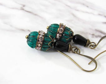 Art Deco Dangles in Antique Glass, Rhinestones // 1920s Jewelry, Vintage Earrings