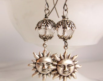 Quartz Crystal & Silver Sun Dangle Earrings // Celestial Jewelry