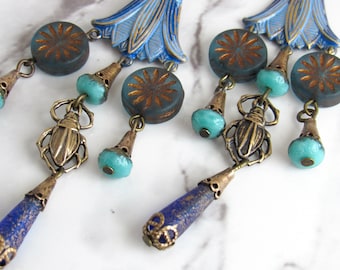 Egyptian Revival Chandelier Earrings in Brass, Glass // Art Deco Style