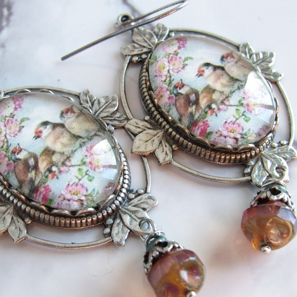 Victorian Birds Cabochon Earrings in Silver, Pink // Vintage Style Jewelry