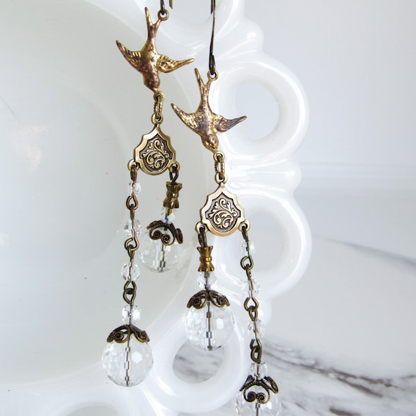 Quartz Crystal Bird Dangles in Brass // Whimsigoth, Victorian Jewelry