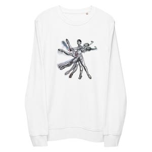 May include: White long-sleeved sweatshirt with a pencil sketch of a dancing couple. The artwork shows the dancers in motion, with multiple overlapping figures. The design is centered on the front of the sweatshirt.
