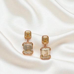 Champagne Crystal Dangle Earrings: Rose Gold Sterling Silver Bridal Jewelry