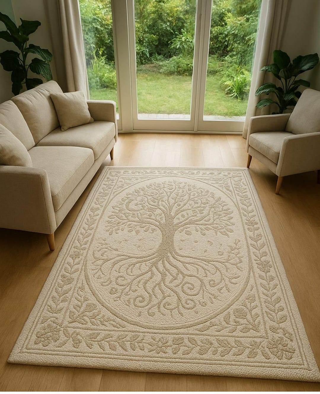 True Living Rugs Handmade Wool Tree of Life Rug – Beige Tufted Nature Motif - Etsy