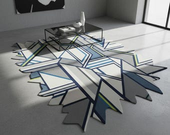 Area Rug, Unique Shaped Abstract Carpet, Blue Grey Minimalist Living Room Rug, hand Tufted wool rug,  Custom Size Floor Mat