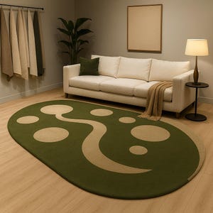 May include: An oval-shaped green rug with a beige design featuring circles and a winding path. The rug is placed on a wooden floor in a living room setting, with a white sofa, a lamp, and a plant in the background.