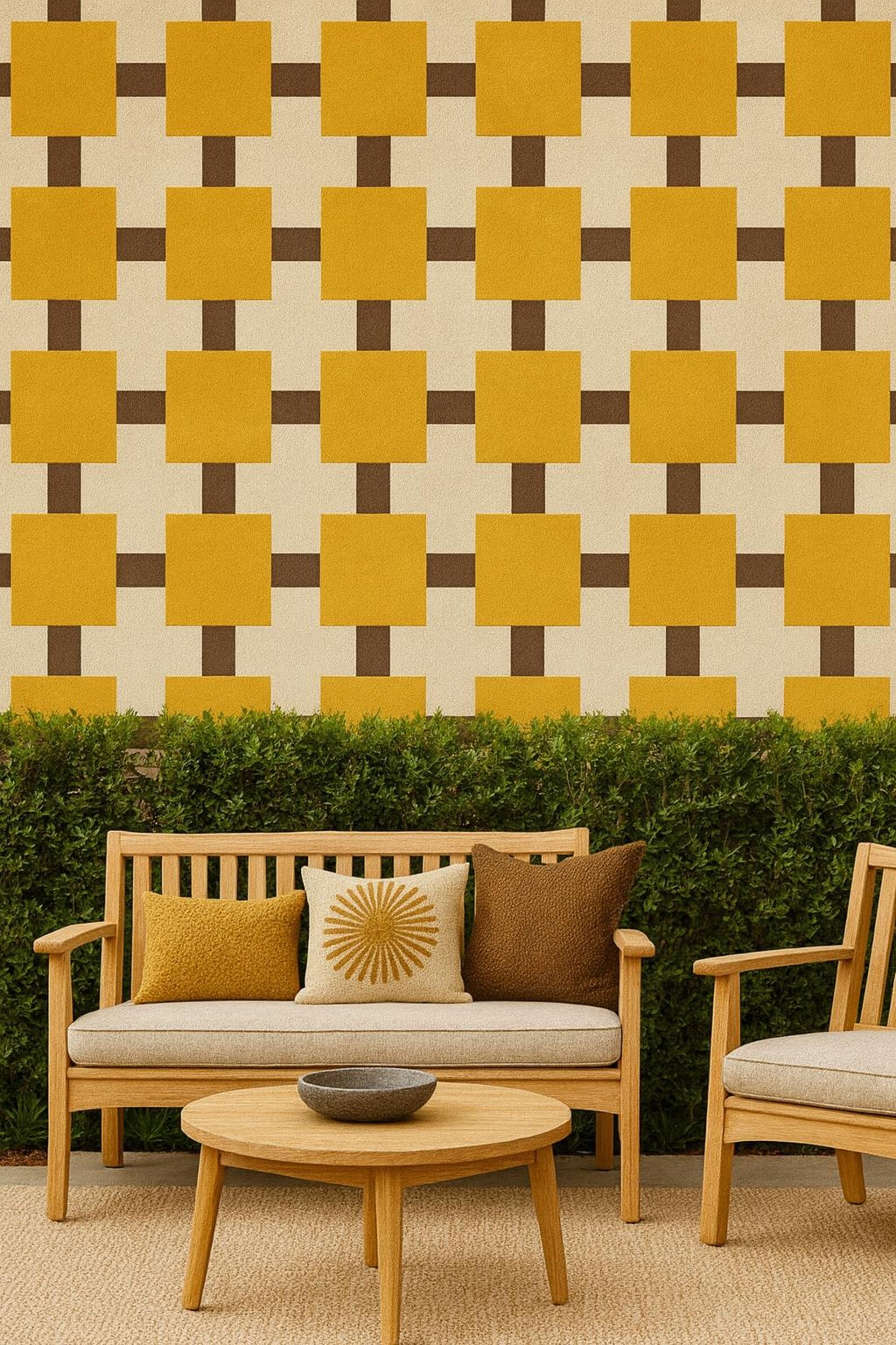 Mustard Grid Retro Mustard & Chocolate Square Pattern Modernist Grid Design Living ...