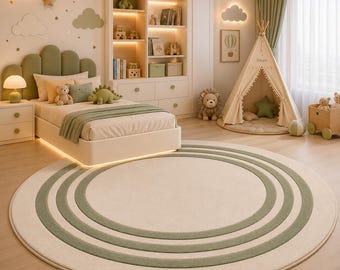 Alfombra redonda geométrica, alfombra de lana tejida a mano, alfombra de área en crema y verde salvia, decoración minimalista para sala de estar y comedor, alfombra de 5x5, 6x6 /