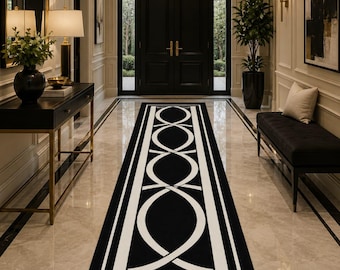 Modern Black & White Abstract Runner Rug, Geometric Abstract Carpet, Minimalist  Runner, Contemporary Rug