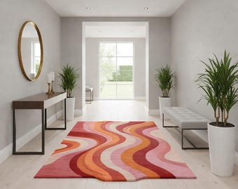 Red Orange & Pink Modern Wool Area Rug, Mid Century , Abstract Geometric Hand Tufted For Living Room And Bedroom