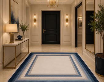 Modern Blue Border Geometric Carpet | Minimalist Luxury Living Room Rug | Contemporary Cream & Navy Floor Rug 5x7 ft ,8x10 ft Rug